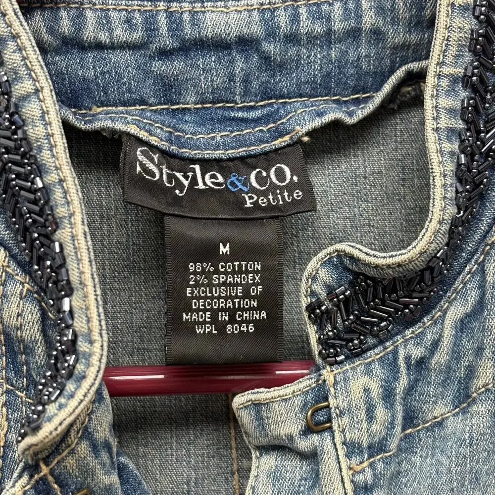 Style & Co Jean Jacket Beaded Cropped Denim Coat, Mandarin Collar, Size MP